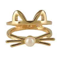 在飛比找momo購物網優惠-【KATE SPADE】經典貓咪造型珍珠鑲飾雙環戒指(金)