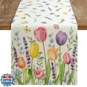 ARKENY Spring Lavender Tulip Table Runner 90x13 Inches, Floral Butterfly Farm