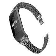 Compatible For Fitbit Charge3 Diamond-Studded Steel Belt Solid Chain Strap Rhinestone Steel Belt Butterfly-Encrusted Strap-BLACK