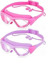 2 Pack Kids Swimming Goggles, Anti-Fog Swimming Goggles with Integrated Earplugs for Kids Age 4-16 years, Anti-UV Goggles Kids Swim for Boys Girls Teen