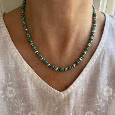 Green Arizona Malachite and Sterling Silver Navajo Pearl Beaded Modern Necklace