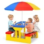 Kids Picnic Table, Toddler Plastic Outdoor Table & Bench Set with Umbrella, C...