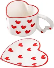 Cabilock Ceramic Heart Shaped Coffee Cup with Saucer, Cute Ceramic Coffee Cup, Hand-Painted Kawaii Coffee Tea Cup for Home, Office, Cafe, Perfect for Valentine's Day, Birthday, Christmas