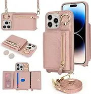 SunYoo for iPhone 14 Pro Crossbody Case with Card Holders Money Slots Zipper Coin Purse Rotatable Ring Kickstand Cover Wristlet Strap Lanyard Litchi Leather Wallet Flip Cover for iPhone 14Pro Pink
