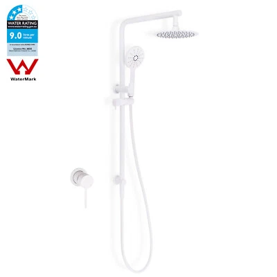 Round Matt White Twin Rain Shower Head Set Hand held Sliding Rail Mixer Tap WELS