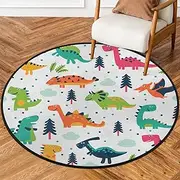 SEEKJOYS Lovely Dinosaurs In The Forest 36 in Round Area Rug Machine Washable Interesting Dinosaurs Non-Slip Soft Floor Mat for Living Room Sofa Kids Room Nursery Decor
