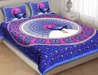 144 Tc Cotton Double Bed Sheet with 2 Pillow Covers Peacock Pattern Blue