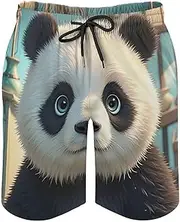 [RKJVB] Mens Swim Trunks with Mesh Lining Anime Panda Face Beach Shorts Quick Dry Drawstring Board Shorts with Pocket