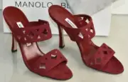 NEW Manolo Blahnik VALORA Suede CRANBERRY RED Sandals Laser Cut Slide Shoe 37 41