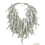 ARTIZAN Joyeria Artesenal by Keren Leather Fringe Boho Bib Necklace Gold Silver