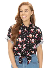 Lowes Black Xmas Santa & Snowman Rayon Shirt