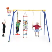 Babyjoy 4-in-1 Kids Swing Set Carbon Steel Swing Stand w/Basketball Hoop/Climbing Ladder/Belt Swing