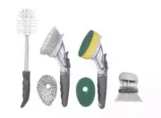 Polder 6 Piece Kitchen Sink Brush Set Sponge Soap Dispensing Palm Bottle Brush