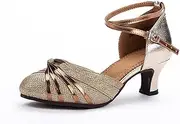 [TangDao] Women's Latin Dance Shoes Mid Heels Closed Toe Salsa Ballroom Dancing Shoes for Outdoor