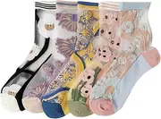 [FBIEE88TR] 5 Pairs Women's Aesthetic Floral Sheer Ankle Sock, Elastic See Through Mesh Transparent Lace Socks