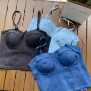 Women Lace Back Denim Bra Camisole Cropped Tank Top Fashion Sexy Slim Clubwear