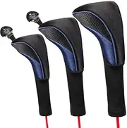 3 Pcs Black Golf Club Head Cover for Driver Fairway Woods Headcovers, Golf Accessories Hybrid Head Covers Set with Interchangeable Tags (Blue)