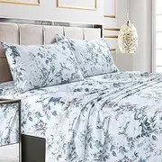 Tribeca Living Queen Bed Sheet Set, Soft Cotton Sateen Printed Sheets Floral Print, Extra Deep Pocket, 300 Thread Count, 4-Piece Bedding Sets, Vernazza Blue/Multi, (VERN4PSSQUBL)