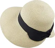 [Cauplse] Women Fedora Straw Sun Hat Wide Brim Beach Hats, Foldable Roll Up Short Brim Hat UV Protection Hats with Bow-Knot, Summer Beach Hat UPF50+, Foldable & Packable, Adjustable
