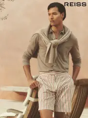 Reiss Off White/Mocha Roas Cotton Blend Seersucker Stripe Shorts (AY4402) | $195