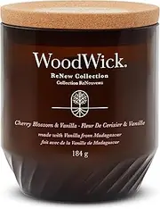 [WoodWick] Renew Scented Candle with Crackling Wick | Cherry Blossom & Vanilla Medium Candle | Plant Based Soy Coconut Wax Blend | Made with Recycled Materials | Perfect Gifts for Women