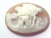 NOS Antique Hand Carved Oval Shell CAMEO Stone House & Tree Scene #N422