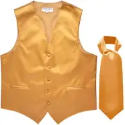 New Men's Formal Tuxedo Vest Waistcoat solid & Ascot cravat Gold Prom wedding