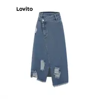 在飛比找蝦皮商城優惠-Lovito 女休閒素色不對稱口袋破洞牛仔裙 L77ED02