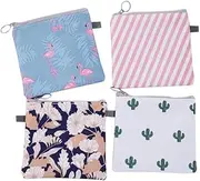 Menstrual Pad Bag 4 Pcs Zipper Sanitary Napkin Bag Tampons Collect Bags for Women Girls (Cactus, Flamingo, Flower, Stripe, 1 Pcs Each)