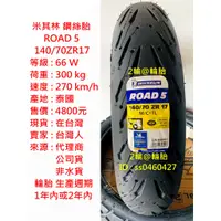 在飛比找蝦皮購物優惠-鋼絲胎 米其林 ROAD5 ROAD 5 140/70-17