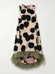 [La DoubleJ] La DoubleJ - La Scala Asymmetric Feather-trimmed Floral-print Crushed-velvet Dress - Ecru - x small x small Ecru