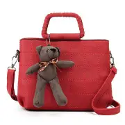 Retro Women Pu Leather Plaid Bear Handbags Ladies Elgant Shoulder Bag Crossbody Bags Red