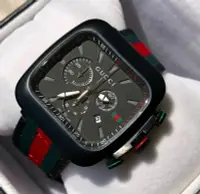 在飛比找Yahoo!奇摩拍賣優惠-GUCCI Coupe 方型黑色錶盤 綠色配紅色尼龍織帶錶帶