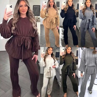 Womens Chunky Knit Tie Up Waist High Neck Loungewear Ladies Ribbed Tracksuit Set