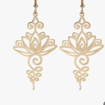 Stainless Steel Metal Lotus Flower Earrings Dangle In Golden Bohemian