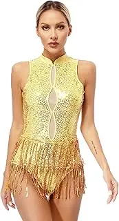 [Fldy] Womens Glitter Sequins Tassel Leotard Jazz Latin Dance Dress Cha Cha Rumba Dance Bodysuit
