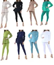 Ladies Womens Long Frill Sleeve Front Button Top Set Elastic Legging Co-Ord Suit
