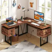 CostwayL-shaped Computer Desk with Power Outlets and 3 Storage Drawers-Rustic Brown