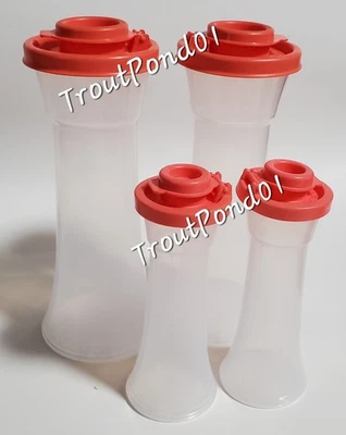 TUPPERWARE Salt and Pepper Shakers Large + Small Hourglass 6, 4 Inch Coral Guava