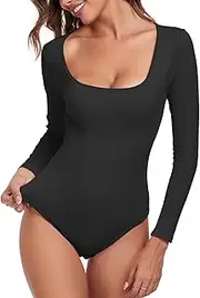 [ZPLxi] Women's Bodysuits Sexy Ribbed Long Sleeve Square Neck Tops Shapewear Tummy Control Stretchy Body Shaper Romper