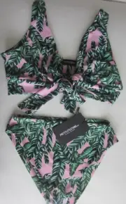 ASOS Pretty Little Thing Pink Green Palm Leaf High Waist Tie Top 10 Bikini 8 NWT