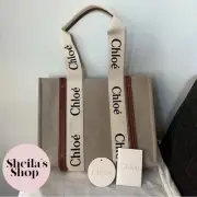 NWT Chloe Woody Medium Tote Bag Leather-Trimmed Canvas White & Brown