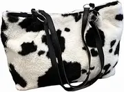 [sunaeset] Cow Print Fuzzy Fluffy Shoulder Tote Bag For Women, Furry Purse Large Cute Plush Bag Ladies Faux Fur Bag, Handbag For Winter, Black and White