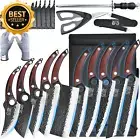 10Pc Kitchen Knife Set w/ Roll Bag Butcher Scissors Whetstone Full Tang Steel