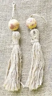 New Boho Yellow Red Clay Bead Jute Set Of 2 Tassels