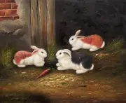 Rabbits in the Farm No.- 2 20x24, 100% Hand painted Oil Painting on Canvas
