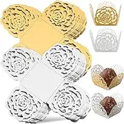 Angoily 100pcs Chocolate Paper Wrappers with Hollow Rose Edge, Truffle Wrappers, Dessert Liners for Weddings & Parties, 50 White &