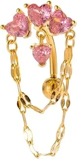 [Niaspi] 14G CZ Heart Chains Dangle Reverse Belly Button Rings for Women Girls 18K Gold Plated Stainless Steel Belly Navel Barbell Rings Belly Button Piercing Jewelry