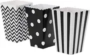 48pcs Popcorn Boxes Cardboard Candy Container Rugby Stripe Wave Dot Pattern Deco (Black)