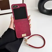 Phone Case For Samsung Galaxy Z Flip 7 Z Flip 6 Z Flip 5 Z Flip 4 Back Cover with Wrist Strap Shockproof Retro PU Leather